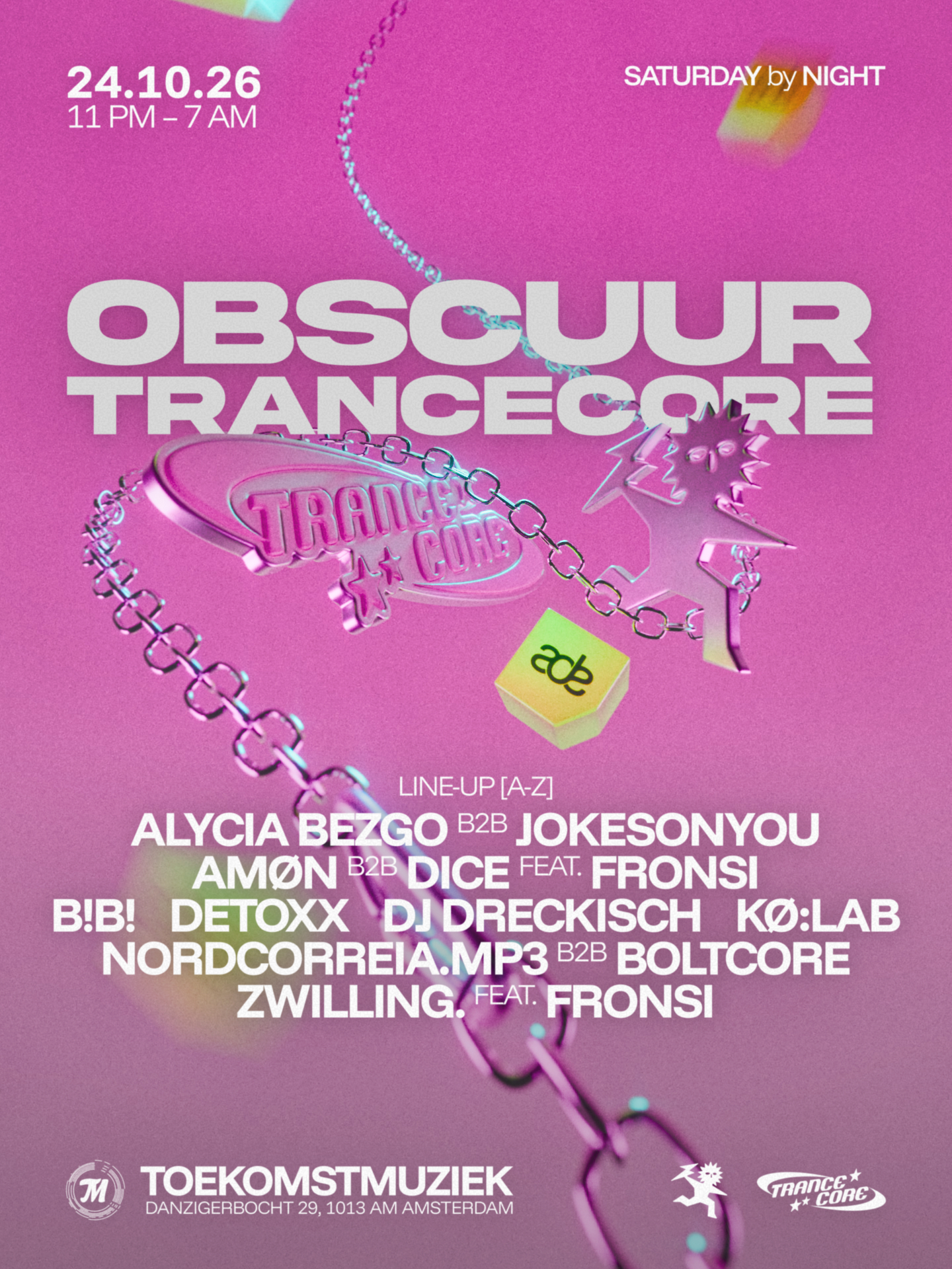 OBSCUUR x Trancecore ADE with zwilling., DJ DRECKISCH, Alycia Bezgo, Kø:lab, JOKESONYOU, DICE at Toekomstmuziek flyer