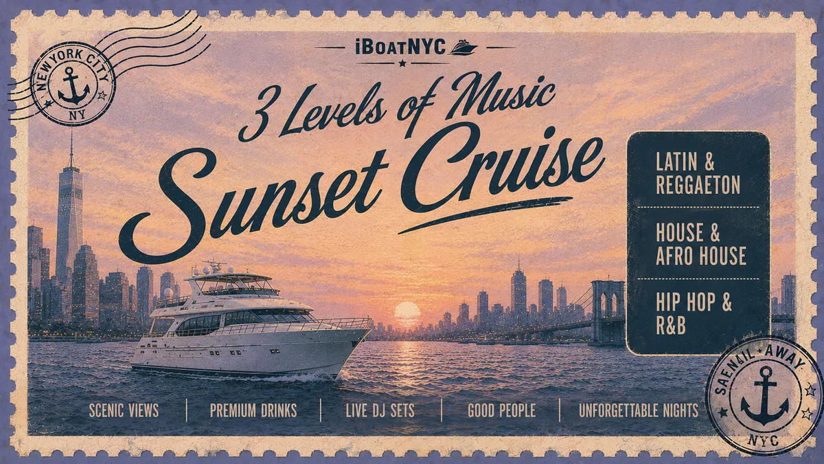 NYC Sunset Boat Party: Reggaeton / Hip-Hop / House - Multi-Level Yacht at Pier 78 at Hudson River Park flyer