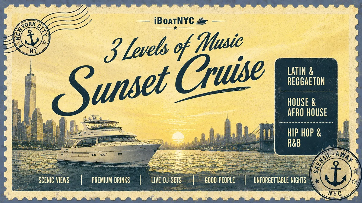 NYC Sunset Boat Party: Reggaeton / Hip-Hop / House - Multi-Level Yacht at Pier 78 at Hudson River Park flyer