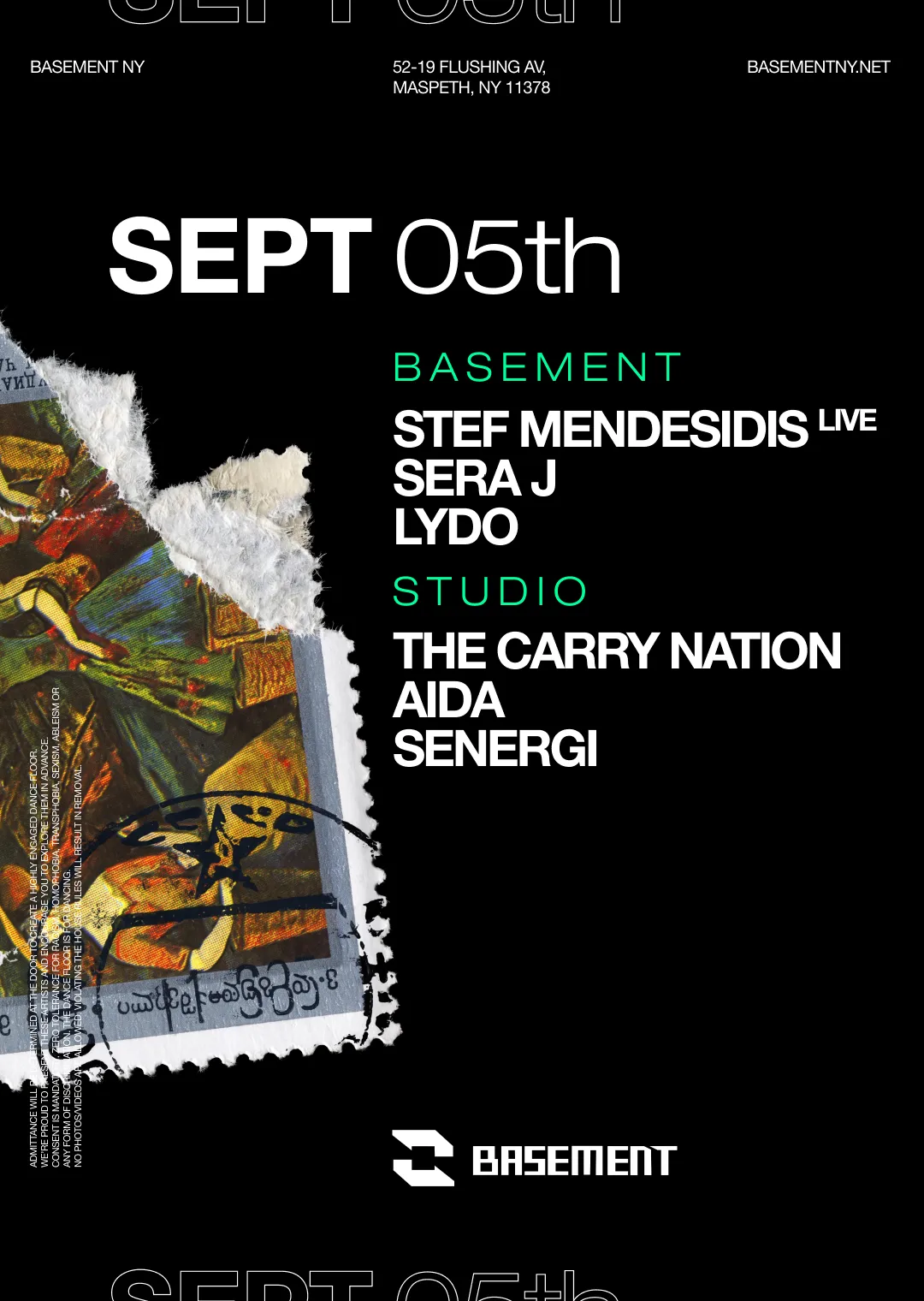 Stef Mendesidis live / Sera J / LYDO / The Carry Nation / AIDA / SENERGI at BASEMENT flyer