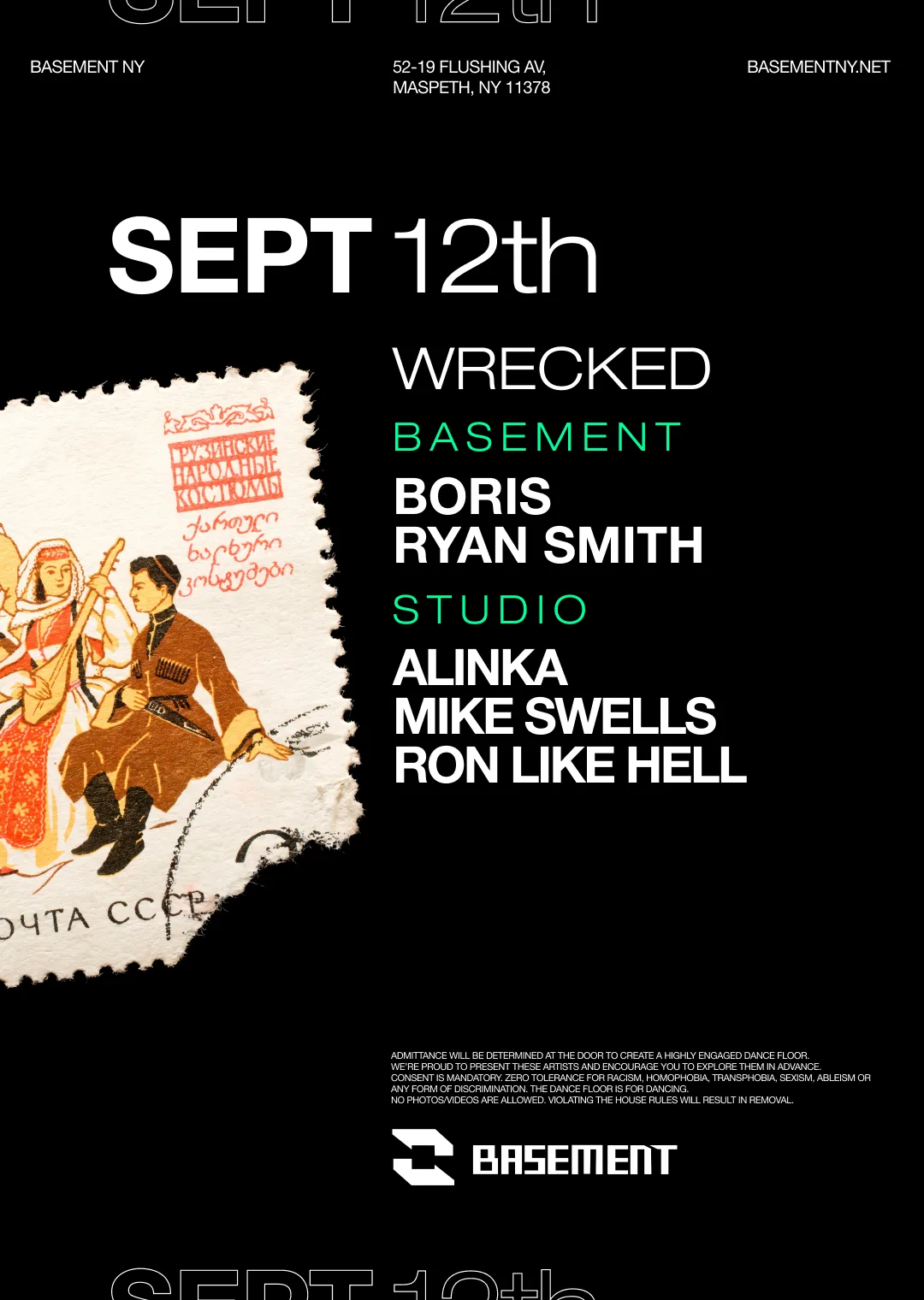 WRECKED: Boris / Alinka / Mike Swells / Ron Like Hell / Ryan Smith at BASEMENT flyer