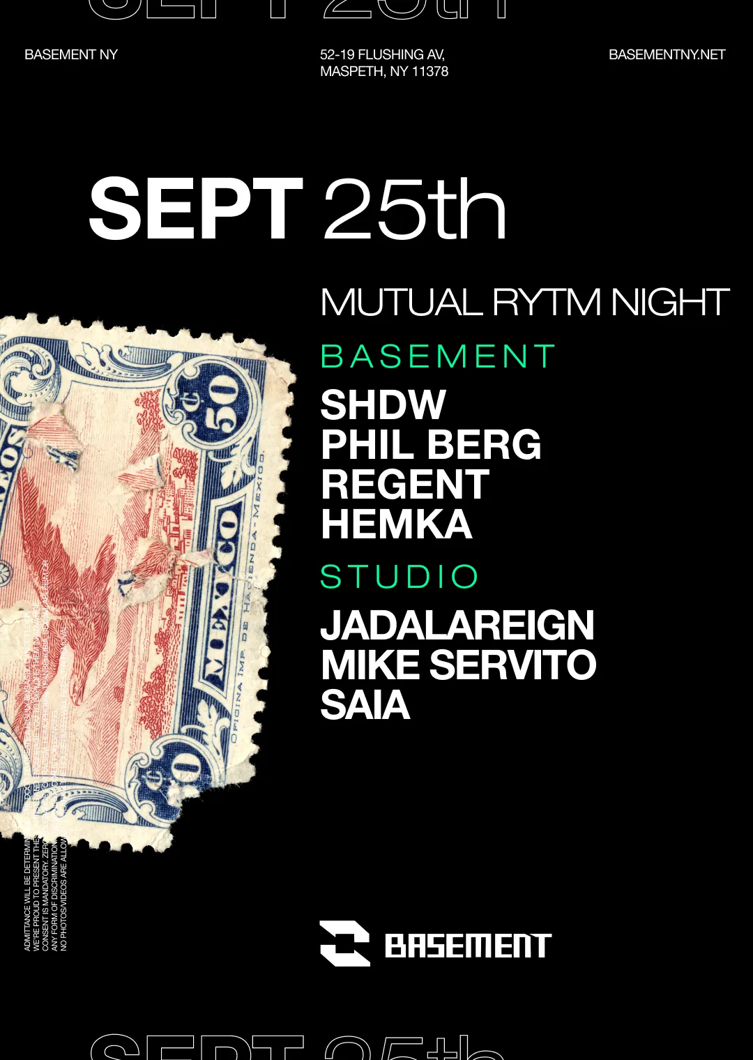 MUTUAL RYTM: SHDW / Phil Berg / Regent / Hemka / JADALAREIGN / Mike Servito / Saia at BASEMENT flyer