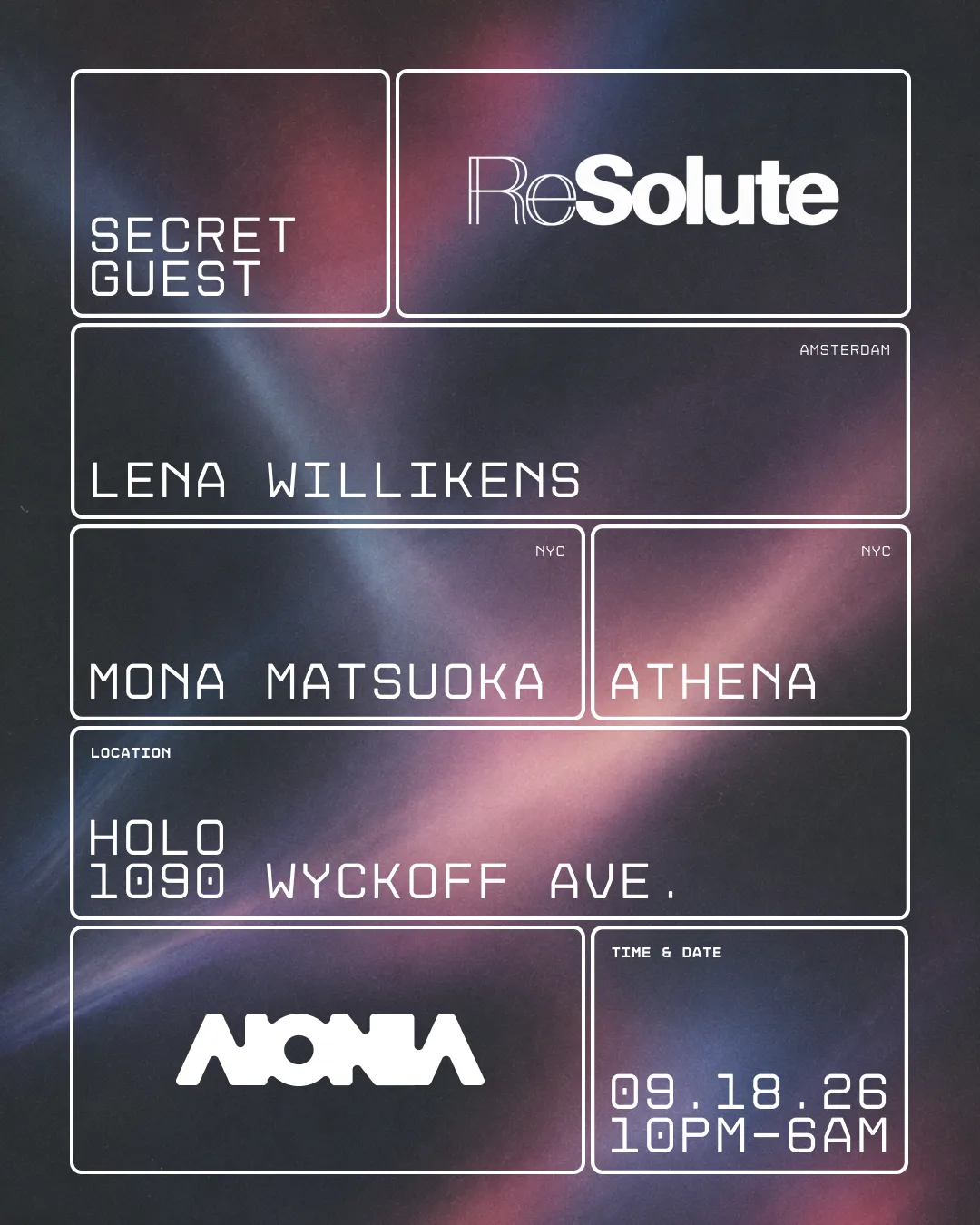 ReSolute x Aionia: Secret Guest - Lena Willikens + more TBA at H0L0 flyer