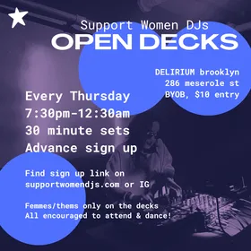 Support Women DJs Open Decks at Delirium flyer