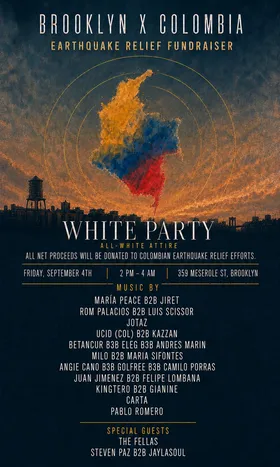Brooklyn x Colombia - Earthquake Relief Fundraiser (White Party) at Roof Terrace BK flyer