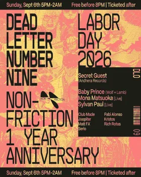Non Friction Records 1 Year Anniversary Labor Day DLN9 - Mona Matsuoka, Matt FX, Joopiter at Dead Letter No. 9 flyer