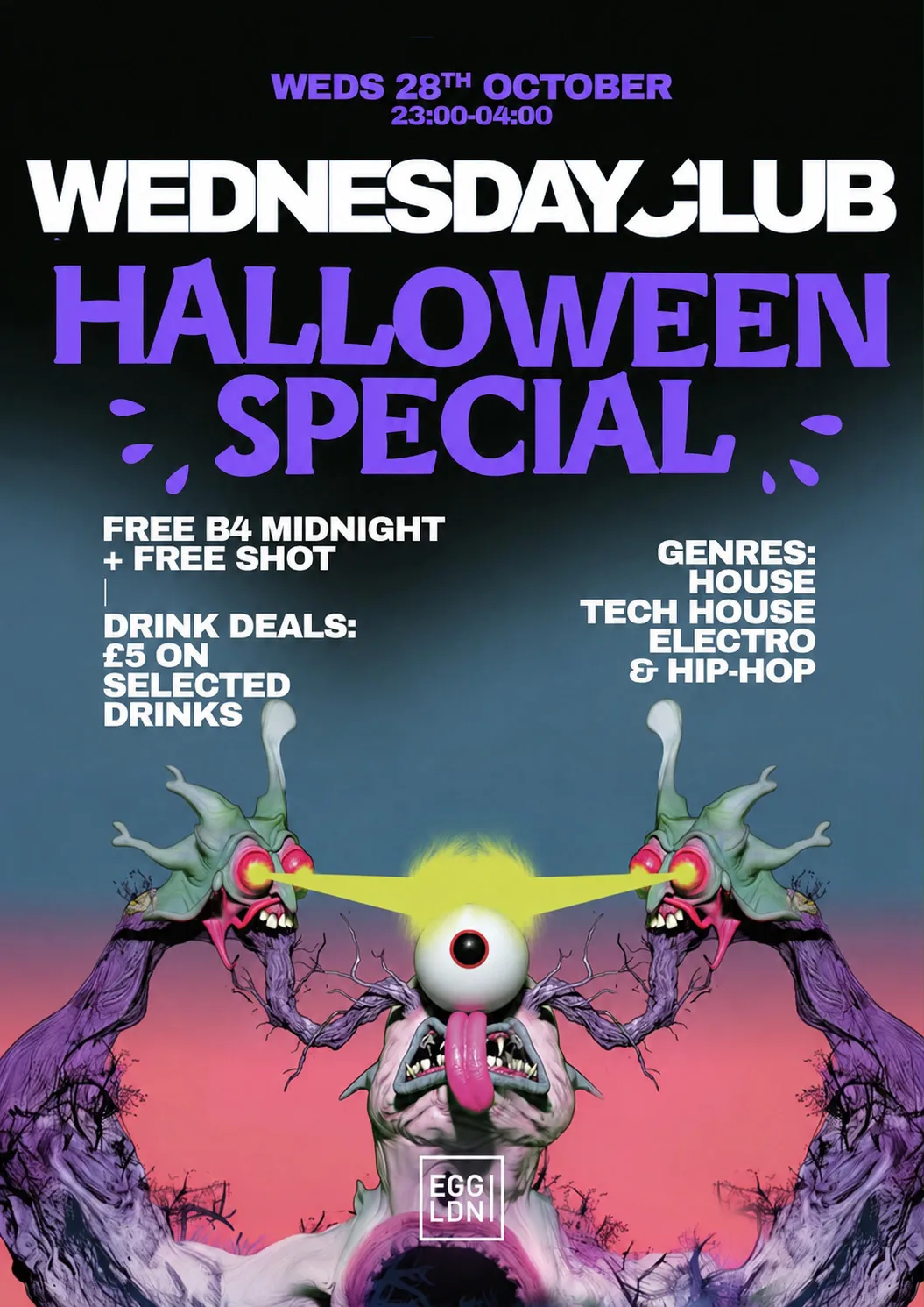 Wednesday Club - Halloween special: House, Tech House, Hip Hop at Egg London Nightclub flyer