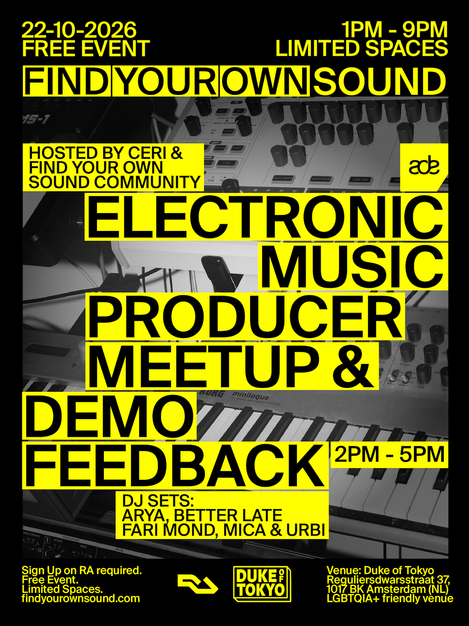 Electronic Music Producer Meetup & Demo Feedback Session FYOS ADE at Duke of Tokyo flyer