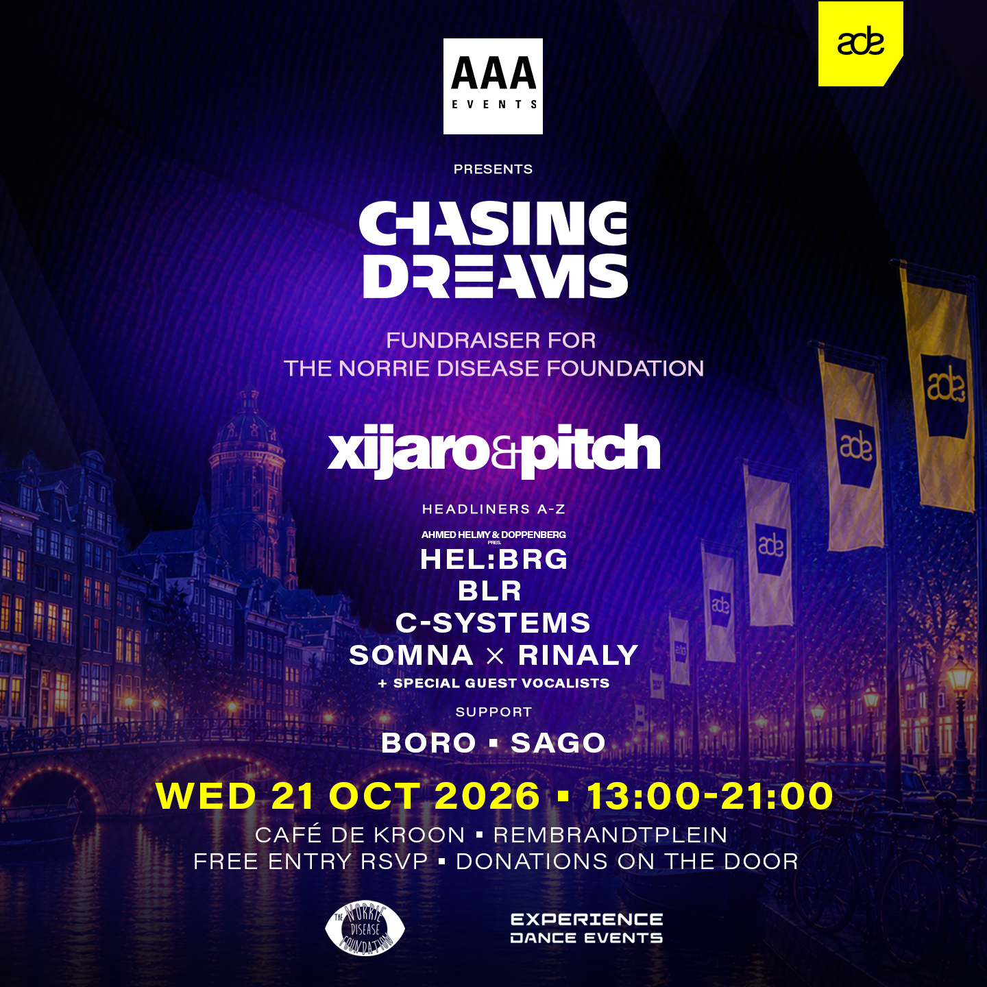 Chasing Dreams ADE Charity Fundraiser at De Kroon Bar flyer