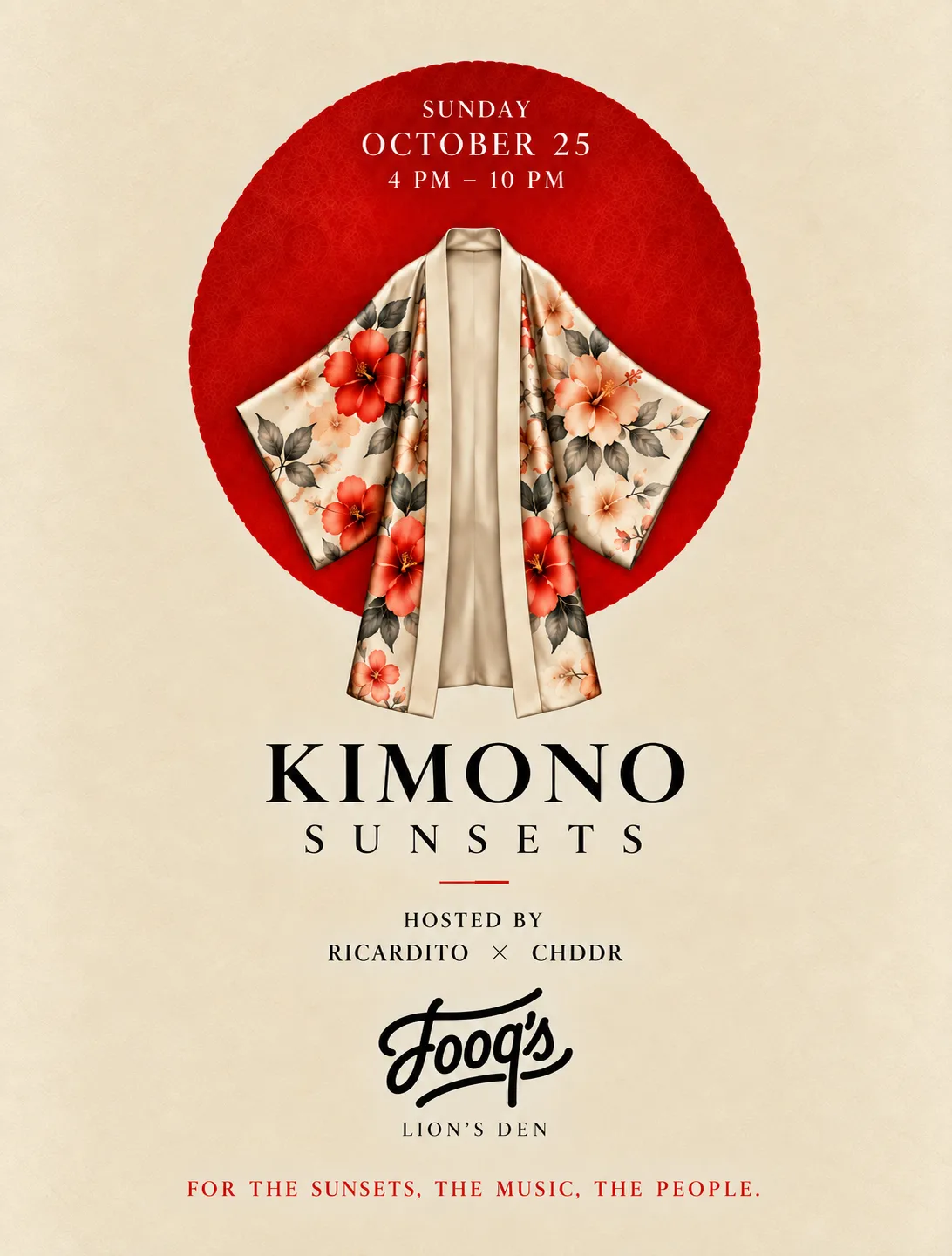 Kimono Sunsets at Lion's Den flyer
