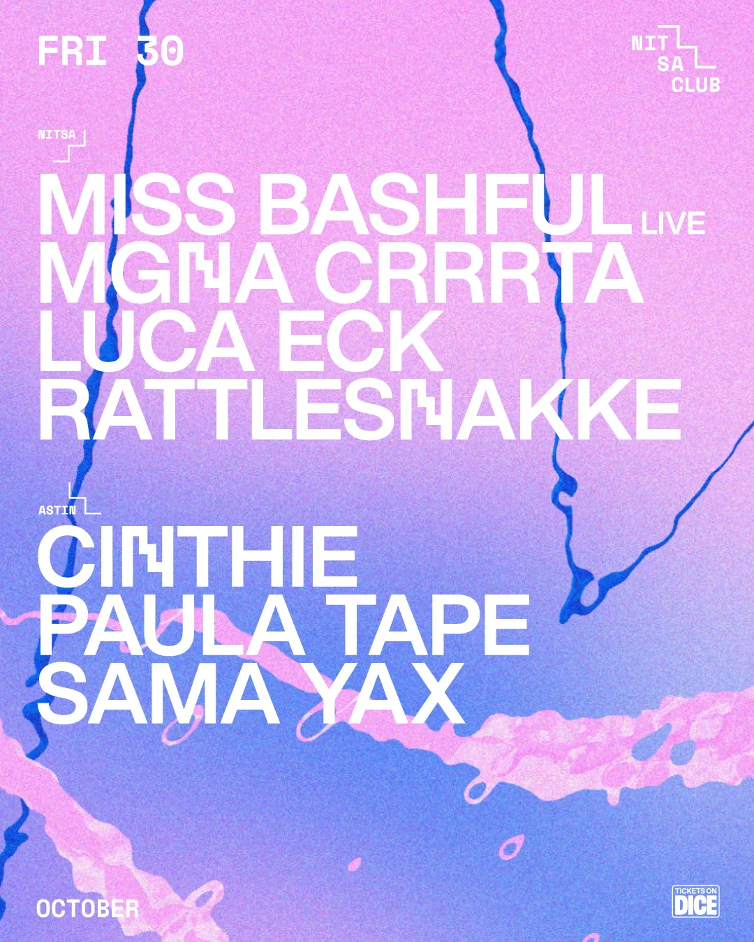Miss Bashful Live · MGNA Crrrta · Luca Eck · Rattlesnakke / Cinthie · Paula Tape · Sama Yax at Nitsa Barcelona flyer