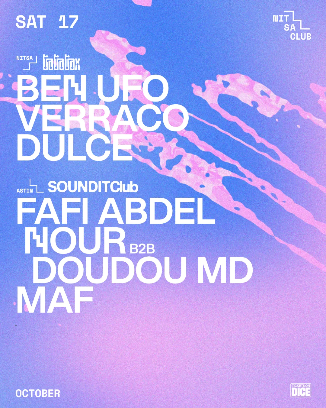 TraTraTrax: Ben UFO · Verraco · Dulce / SOUNDIT Club: Fafi Abdel Nour b2b Doudou MD · MAF at Nitsa Barcelona flyer